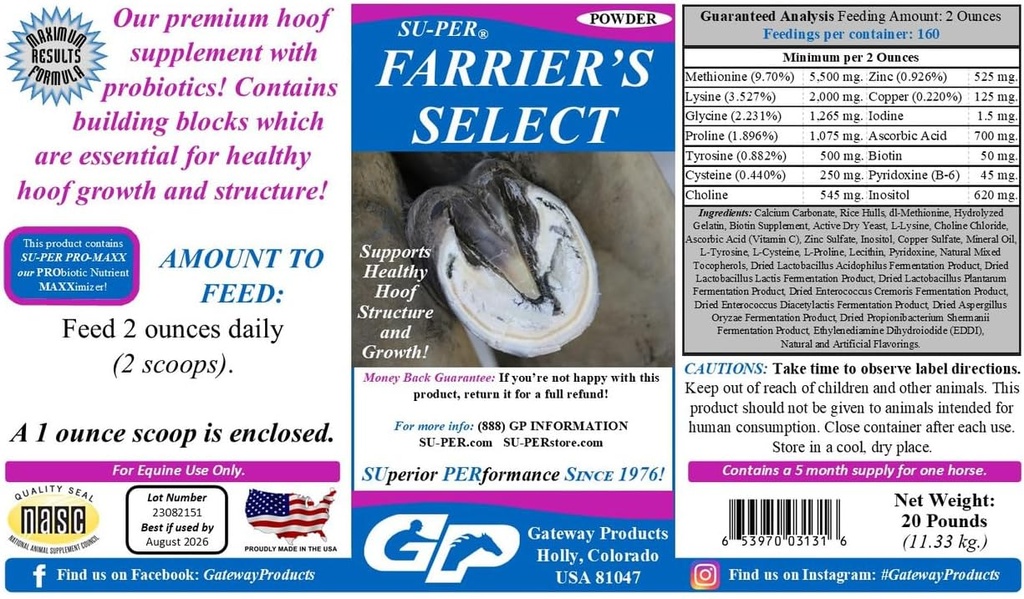 SU-PER Farrier's Select Hoof Supplement - Pferde Premium Hoof Care Supplement mit Probiotika - Gesundes Hoof Growth - 20 Pfund, 5 Monate Versorgung