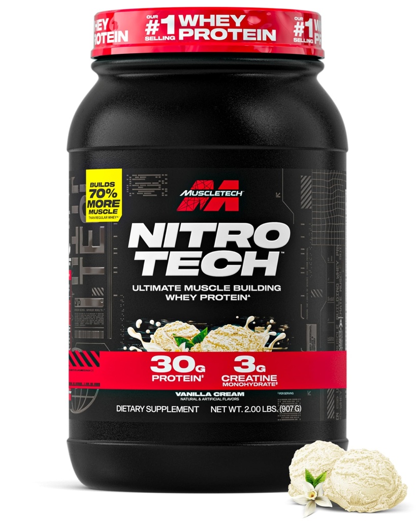 Muscletech Whey Protein Powder (Vanilla Cream, 2.2 Pound) - Nitro-Tech Ultimate Muscle Building Formula mit Whey Protein Isolate - 30g Protein, 3g Creatine & 6.8g BCAA - Packaging May Vary
