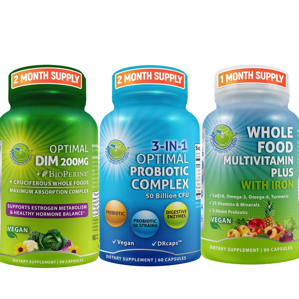 Hormon Balance & Digestive Health Trio – DIM 200mg mit BioPerine® & Cruciferous Veggies + 3-in-1 Probiotikum mit Präbiotikum und Enzymen + Ganzes Essen Multivitamin mit Eisen – Vegan Wellness Support