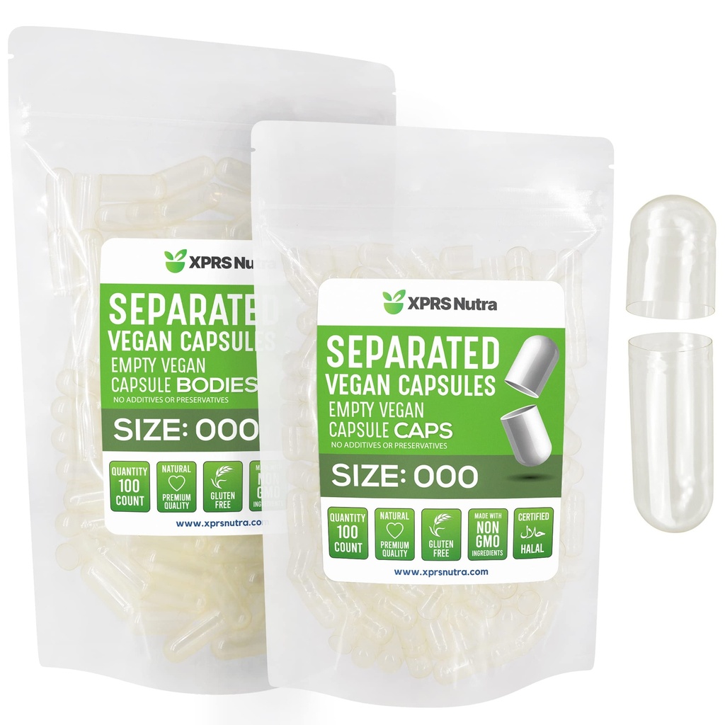 XPRS Nutra Vegan Größe 000 Getrennte Kapseln- 100 Count Premium Leere Kapseln Getrennt in Taschen - Klare leere Kapseln - 000 Tabletten für DIY Ergänzung Füllung