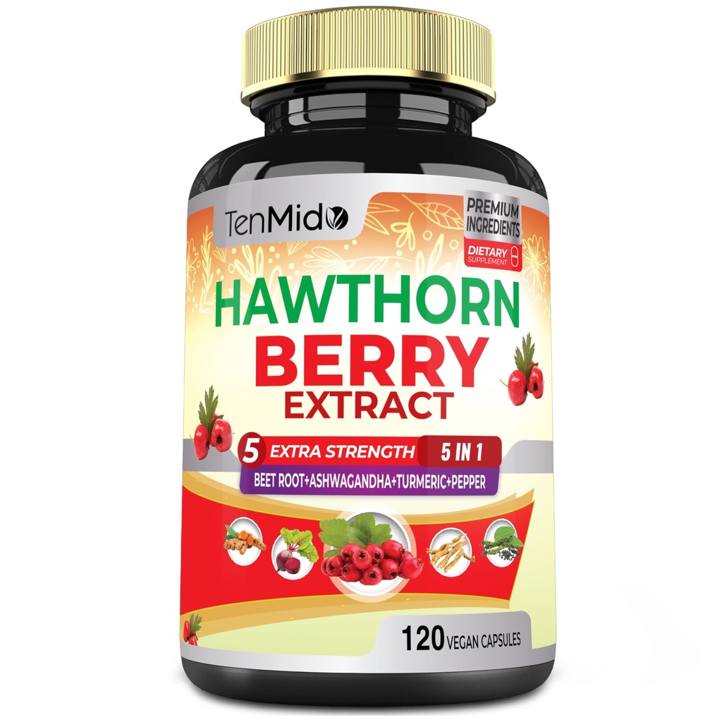 Hawthorn Berry Supplement Extrakt Kapseln - 120 Vegan Kapseln für 4 Monate - Kombinierte Rübenwurzel, Ashwagandha, Kurkuma & Schwarz Pfeffer