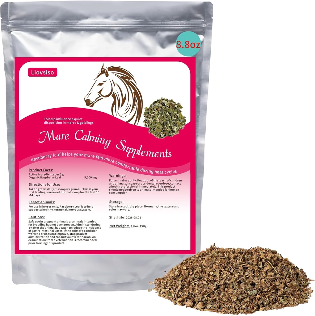 8.8 Unze Horse Calming Supplement - Natürliche Himbeer Blatt Ease Angst und Unglück in Moody Mares, Beruhigt während Hitzezyklen - Geeignet für Geldings Too