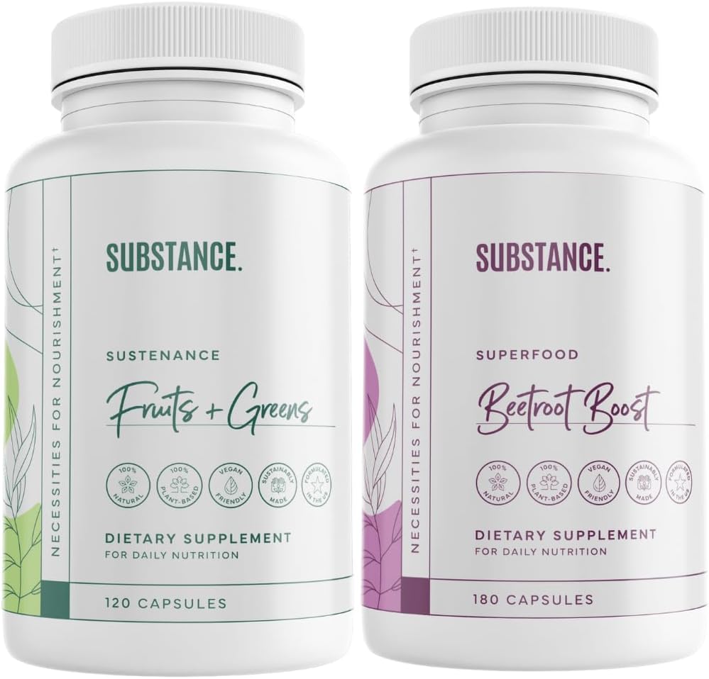 SUBSTANCE. Bundle: Nature's Sustenance Daily Fruits & Veggies (120 Kapseln) + Beetroot Boost (180 Kapseln) - Natural Energy Boost & Overall Wellness - US Made, Vegan-Friendly