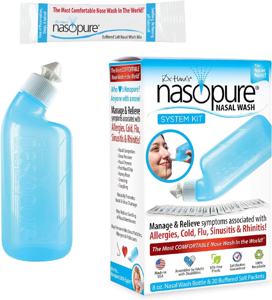Nasopure Nasal Wash, System Kit, “The Nicer Neti Pot” Sinus Wash Kit, Komfortable Nasal Rinse 8 Oz Bottle & 20 Salt Packets (3.75 Gramm pro), Nasal Congestion, Cold, Flu, Allergy, Nasal Irrigation