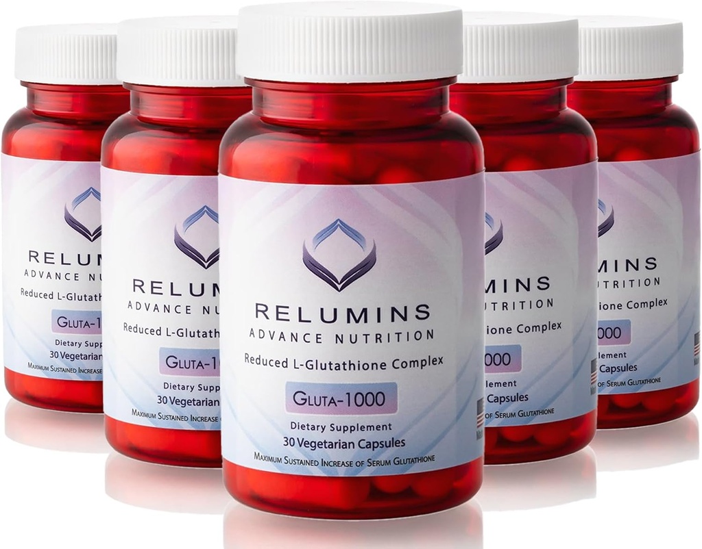 Relumines Advance Nutrition Gluta 1000 - Reduzierte L-Glutathione, Alpha Lipoic Acid & Rose HIPS, Antioxidante Unterstützung für Haut & Gesamt Wellness, Made in USA - 30 Kapseln x 5 Flaschen (75-Day Supply)