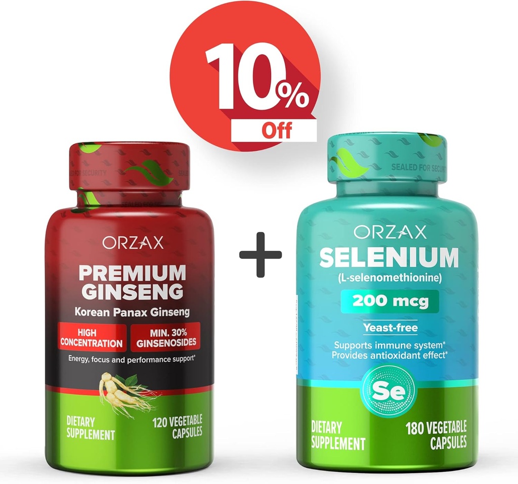 ORZAX Premium Ginseng 120 Vegatable Capsules und Selenium 200 Mg 180 Vegatable Capsules, Bundle