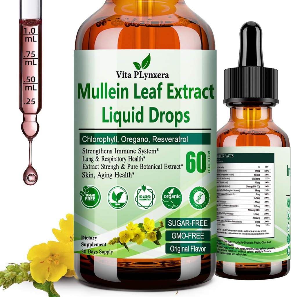 Mullein Tropfen für Lungen, Bio Mullein Blatt Extrakt für Lung Detox w. Chlorophyll Elderberry Oregano Öl Resveratrol Mullein Tincture Alcohol Free, Original Flavor, 2 f Fl/Oz