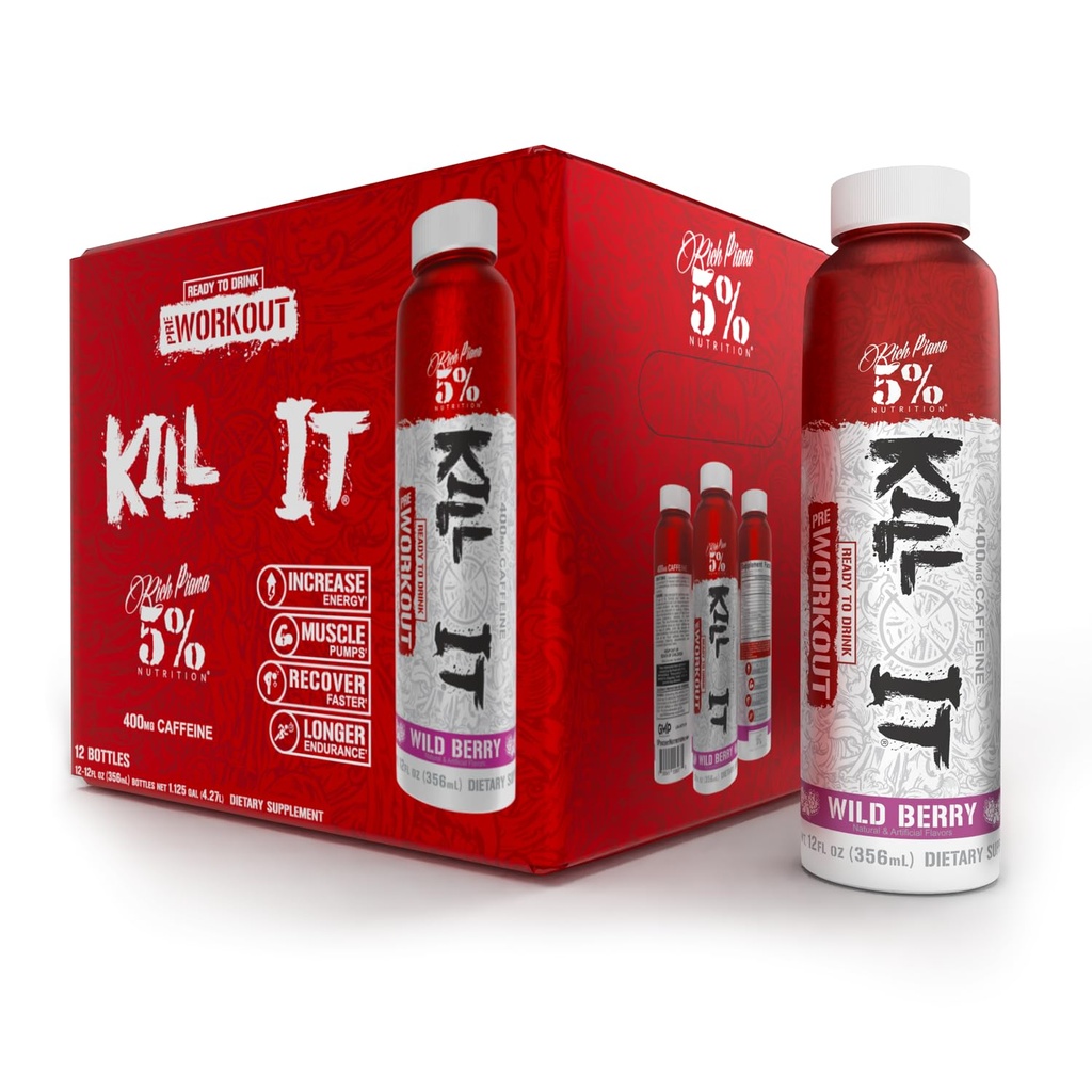 5% Nutrition Kill It Ready-to-Drink High Stim Pre Workout | 400mg Koffein Energy Drink | Extreme Pump, Endurance, Focus & Hydration | Citrulline, Beta Alanine, Taurine | 12 Pack (Wild Berry)