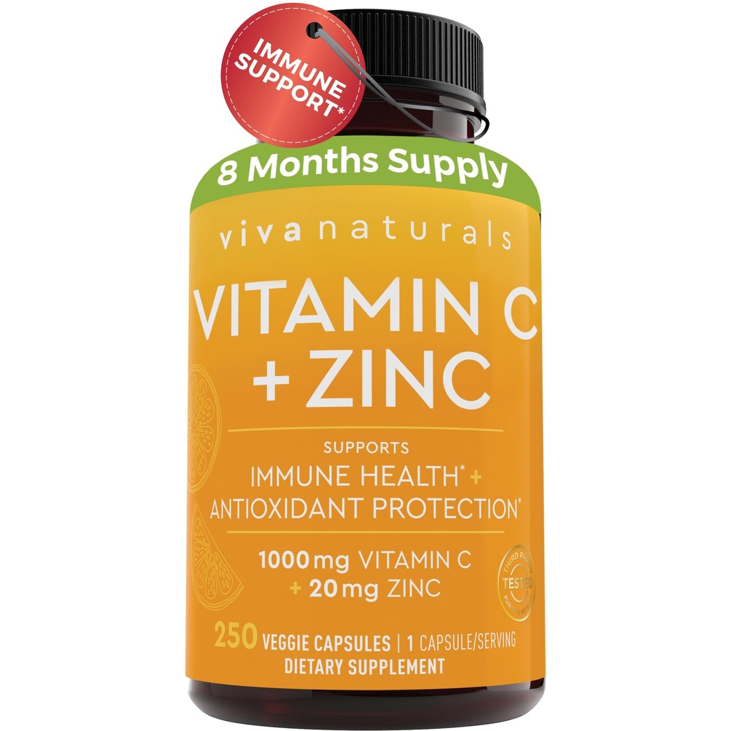 Viva Naturals Vitamin C und Zink Ergänzungen 1000mg - Zink 20mg (250 Veggie Kapseln) - High-Potency & Vitamin C mit Zink für Immununterstützung - Non-GMO, Glutenfrei (8 Monate Versorgung)