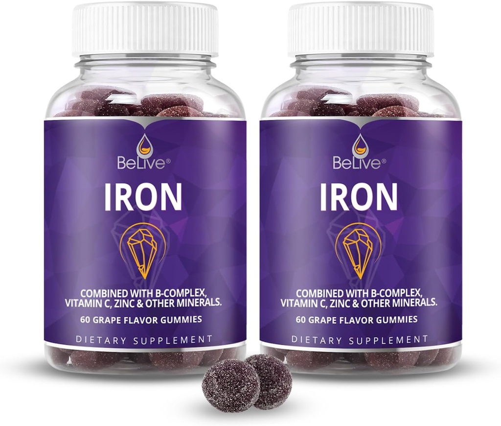 BeLive Iron Gummies - Multivitamin Eisen Ergänzung mit Vitamin C, A, B & Zink, unterstützt Blut Sauerstoff, Vegan Ergänzungen für Frauen, Männer & Kinder für Wachstum und Entwicklung - Trauben Flavor | 2-Pack