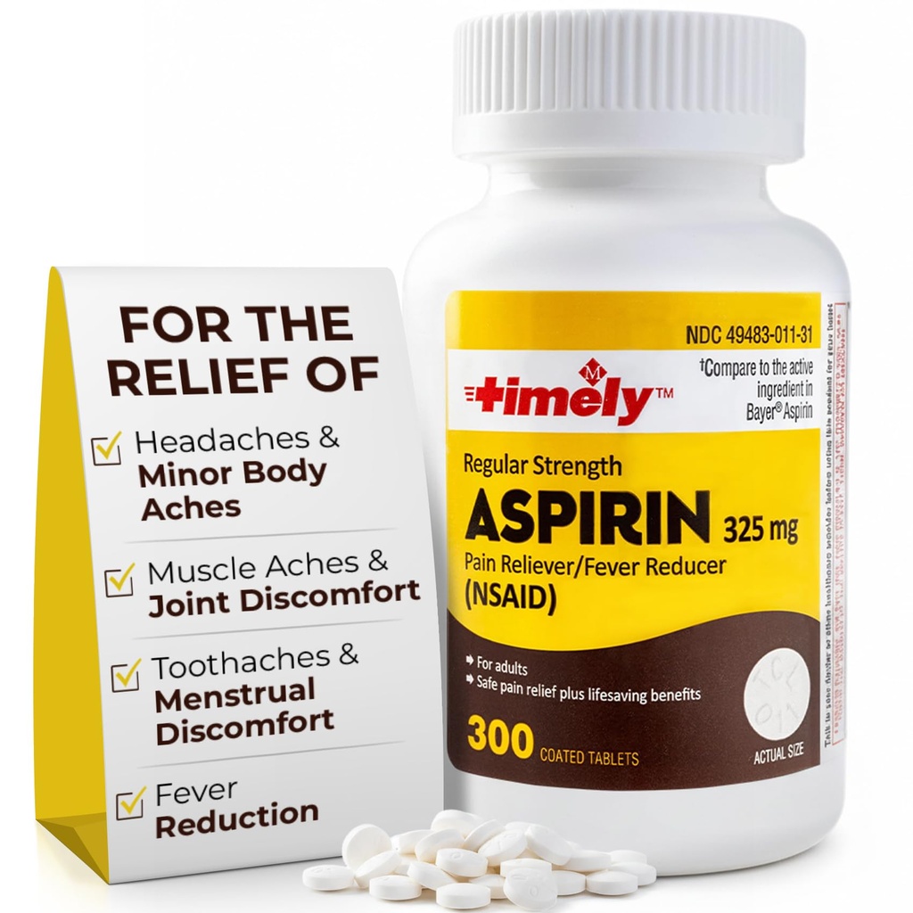 TIME-CAP LABS, INC. Timely 300 Count Regular Strength Aspirin 325mg für Erwachsene - Im Vergleich zu Bayer - Beschichtete Regular Strength Aspirin Tablets - Schmerzrelief für Minor Aches und Schmerzen - Made in USA