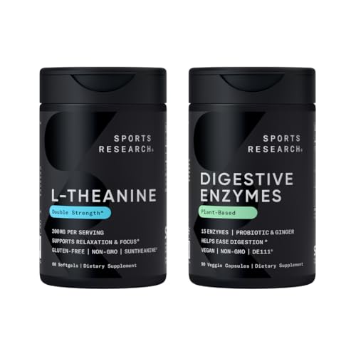 Sportforschung Double Strength L-Theanine Supplement Suntheanine Softgels für Fokus, Relaxation & Alertness mit Kokosnussöl 60 Count und Verdauungsenzyme + Probiotics & Ginger Plant Based 90 Count