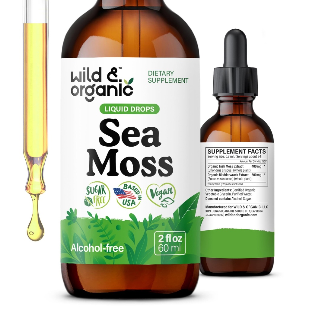 Wild & Organic Sea Moss Liquid Drops - Immununterstützung - Irish Sea Moss und Bladderwrack Tincture - Multimineral Chondrus Crispus Supplement - Vegan, Zucker & Alkoholfrei - 2 fl oz