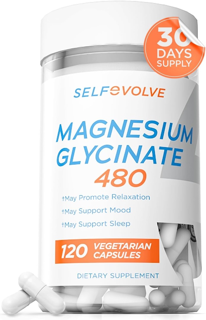 Magnesium Glycinate 480mg - Hohe Absorption Magnesium Ergänzung Unterstützung Stress Relief, Schlaf, Herzgesundheit, Nerven, Muskeln und Stoffwechsel, 120 Veggie Kapseln, 1 Monat Versorgung
