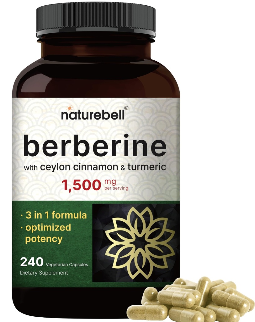 Berberine Supplement 1500mg mit 1000mg Ceylon Cinnamon & 300mg Turmeric, 240 Veggie Kapseln | 97% Pure Berberine HCL | Unterstützt Balanced Sugar Levels & Heart Health | Vegan, Non-GMO