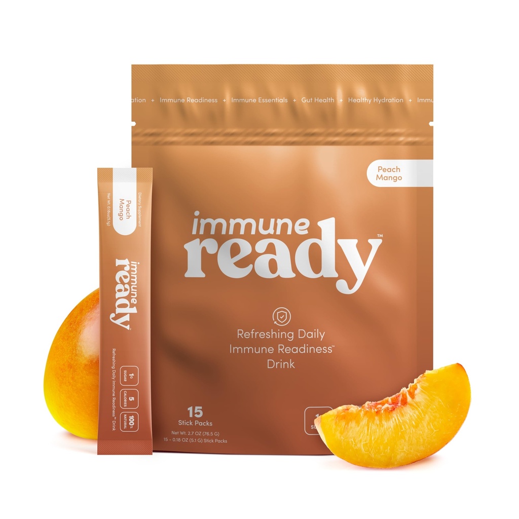 Immun ReadyTM Elektrolyte Pulver-Packets – Immunität Boost Drink Mix mit Vitamin C, Zink Picolinat, Inulin Powder & Beta Glucan – Sugar-Free Peach-Mango, 15 Portionen