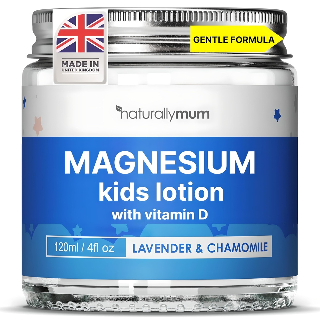 NatürlichMum Kinder Magnesium Bedtime Lotion mit Vitamin D | Unterstützung für Schlaf, Herz, Knochen, Nerve, Gut und Muskel Gesundheit | Alternative zu Melatonin | Lavender & Kamille 4.2 fl oz