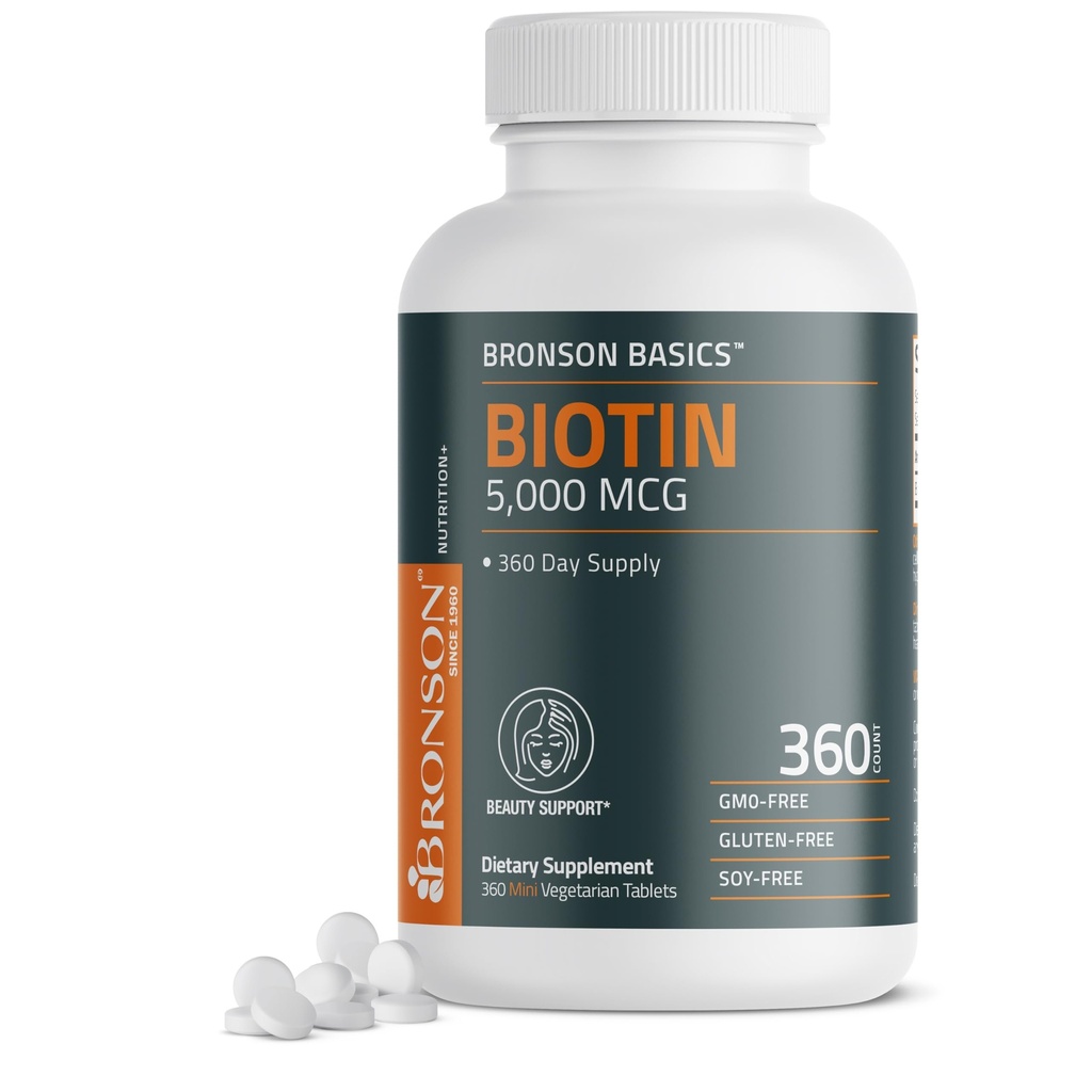Bronson Biotin 5.000 MCG unterstützt gesundes Haar, Haut und Nägel & Energie Produktion - High Potency Beauty Support - Non-GMO, 360 Vegetarische Tabletten