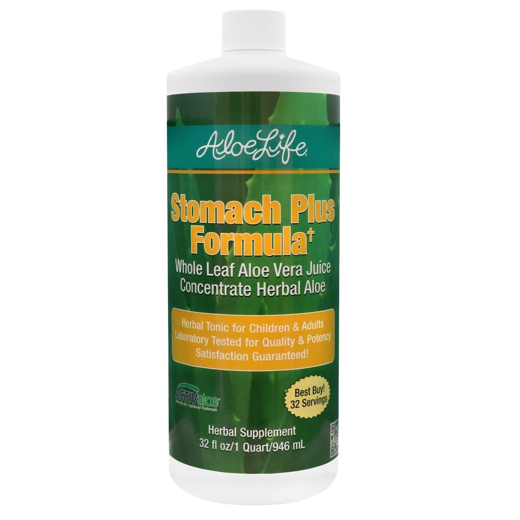 Aloe Life - Stomach Plus Formel, Fast-Acting Tonic für Kinder, Erwachsene, & Senioren, Unterstützt gesunde Verdauung & Hilft Gas zu beruhigen, Bloating, & Nausea, Aloe Vera Konzentrat, Glutenfrei (32 oz)