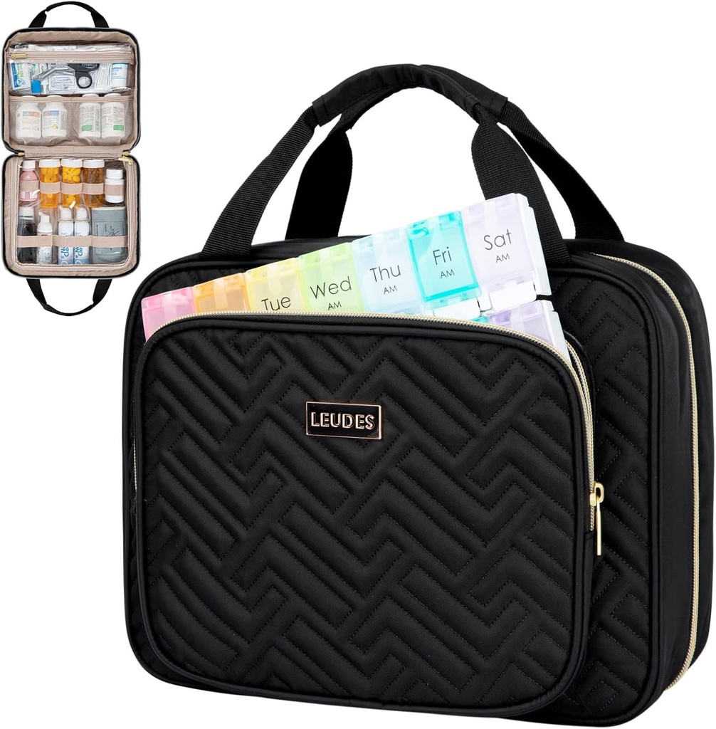Leudes Travel Pill Bottle Organizer,Medicine Organizer und Speicher,Home Medication Bag, Cases, Träger für Pillen,Vitamin,Fish Oil, Ergänzungen für Frauen und Männer (Large, Schwarz)
