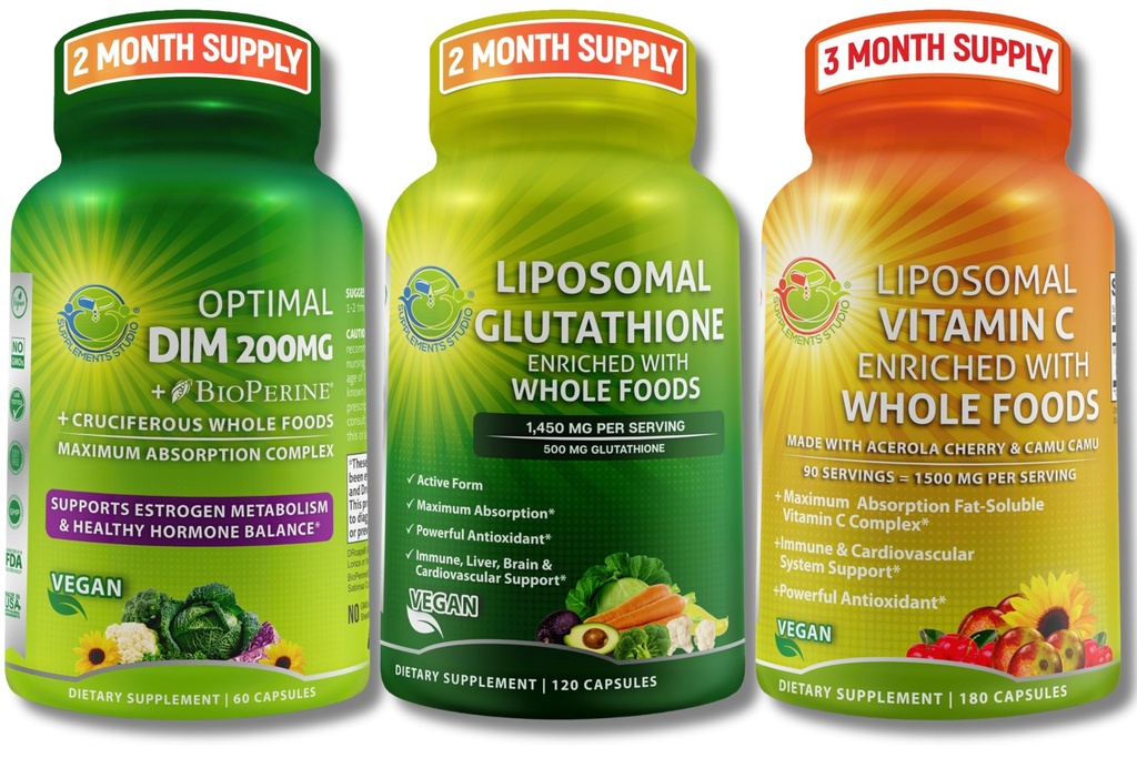Gesamte Immun-, Hormon- und Antioxidante Unterstützung Bundle für Frauen und Männer – Liposomale Glutathione 500mg + Liposomale Vitamin C 1500mg + DIM 200mg mit BioPerine® & Cruciferous Whole Foods – Vegan & Non-GMO
