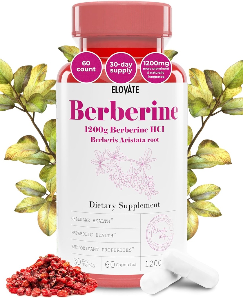 Elovate Berberine HCI Capsules, 1200mg - All-Natural, 3rd-Party-Tested, Non-GMO & Glutenfreie Berberine Ergänzung für Herz & Verdauung, 60 Zähler