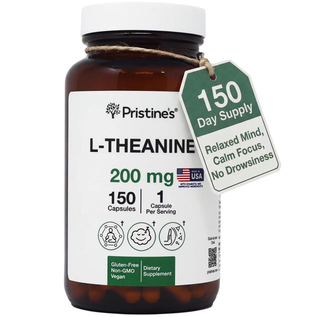PRISTINE'S L Theanine 200mg Supplement Kapseln - 3rd Party Tested Non GMO -150 Day Supply - Relaxation & Sleep Quality Support Kapseln - Vegan, cGMP Facility & Glutenfreie Glasflaschen