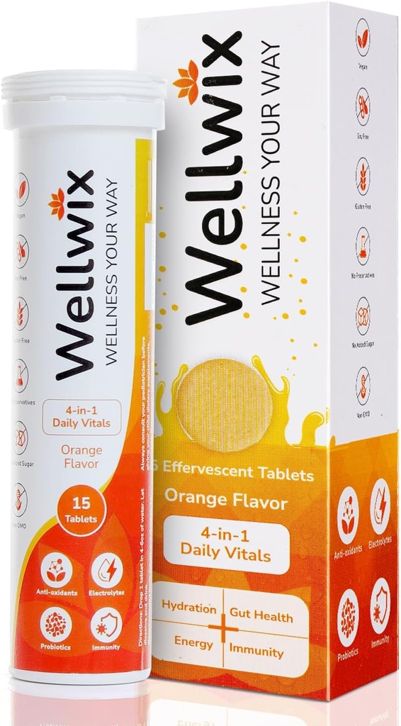 4-in-1 Tägliche Vitals für Wellness - Elektrolyte, Immunität, Antioxidantien und Probiotika. Vitamin C 1000 mg, Natrium 200 mg, Kalium 100 mg, Vitamin D3, B12 und mehr. Effervescent Tablets
