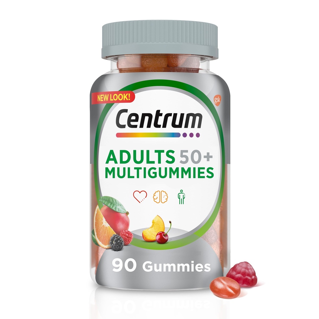 Centrum MultiGummies Gummy Multivitamin für Erwachsene 50 Plus, Multivitamin/Multimineral Supplement mit Kalzium, Zink und Vitaminen B und D, Sortiment Obst Geschmack - 90 Zähler
