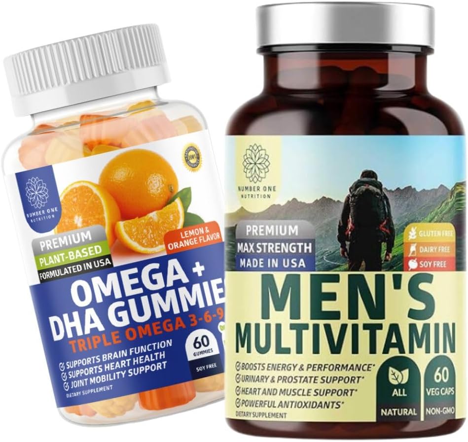 Number One Nutrition N1N Premium Men's Daily Multivitamin [Vitamines A C E D, Magnesium, Zink] und Omega 3 6 9 + DHA Gummies [Vegan, Plant-Based], 2 Pack Bundle