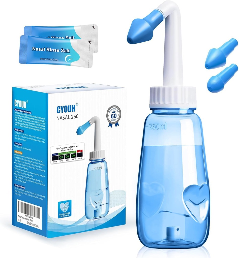 Neti Pot Sinus Rinse Bottle 260 ML mit 60 Nasal Wash Salt Packets und Aufkleber Thermometer Nasenwaschreiniger Druck Rinse Nasal Bewässerung für Erwachsene & Kind BPA Frei (blau)