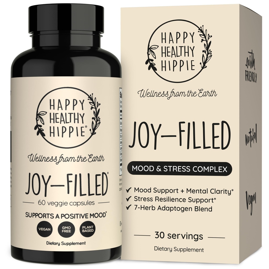 Joy-Filled Mood Unterstützung Ergänzung - 7 Kräuter Complex w/St. Johns Wort | Relief – Hilft Beruhigen Sie den Geist & Körper | 100% pflanzenbasierte Happy Pills, Ashwagandha, Rhodiola Rosea | Adaptogene, 60 Ct
