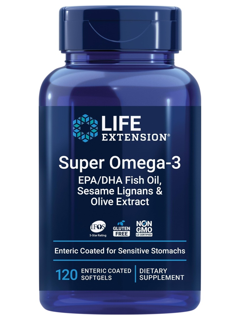 Life Extension Super Omega-3 EPA/DHA Fish Oil, Sesam Lignans & Olive Extract – Herzgesundheit, Gehirngesundheit, Entzündungsgesundheitsunterstützung, Glutenfrei, Enteric-Coated, Non-GMO, 120 Softgels