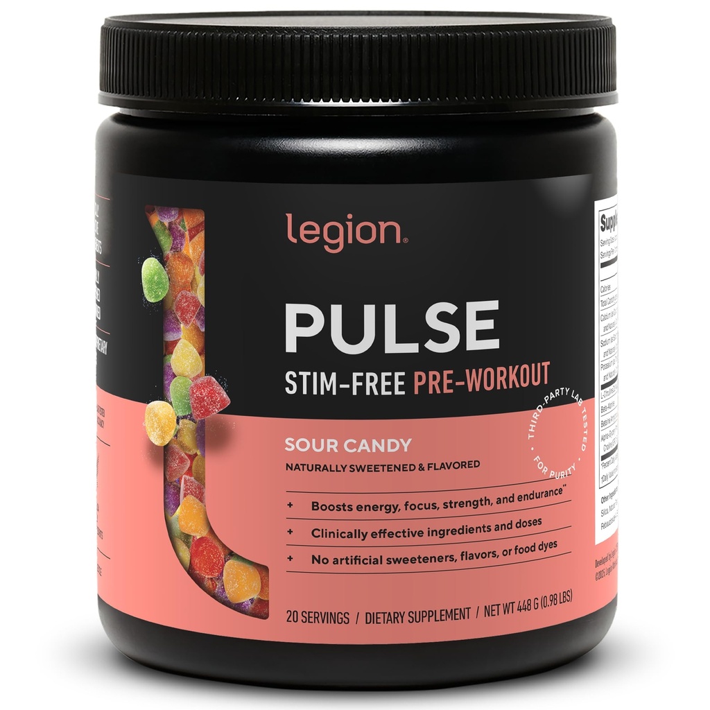 LEGION Pulse Pre Workout Supplement - Alle natürlichen Nitric Oxide Preworkout Trinken, um Energie zu steigern, Kreatin frei, natürlich gesüßt, Beta Alanine, Citrulline, Alpha GPC (Koffeinfrei Sour Candy)