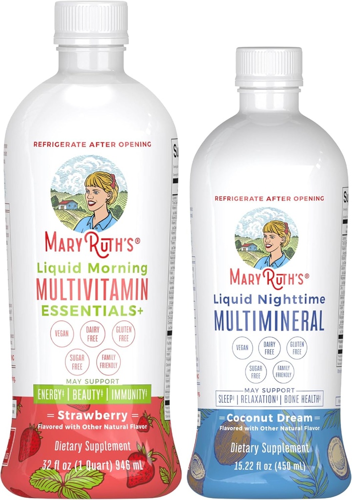 MaryRuth's Liquid Morning Multivitamin (Strawberry) & Liquid Nighttime Multimineral (Coconut, 15oz) | Clean Label Project Verified® | Vegan Vitamine für Energie, Bedtime Routine, & Gesamtgesundheit