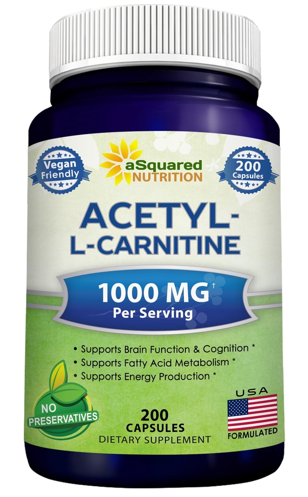 aSquared Nutrition Acetyl L-Carnitin 1000mg Max Strength - 200 Veggie Kapseln - High Dosage Acetyl L Carnitine HCL (ALCAR) Ergänzung Pillen zur Unterstützung von reiner Energie, Gehirnfunktion und Fettsäure