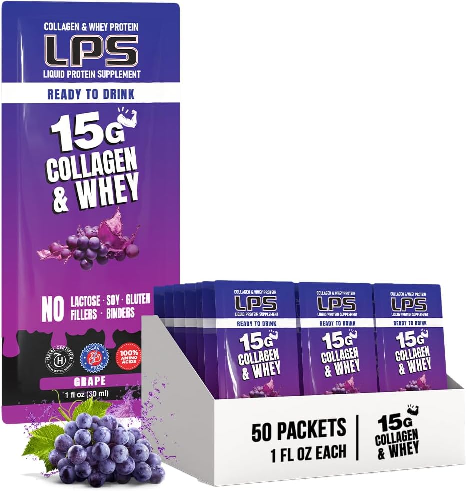 Ernährungsdesigns LPS Liquid Collagen & Whey Protein Supplement - Non-GMO Drink, Sugar-Free - Promotes Gesunde Haut & Haar für Männer & Frauen, Trauben, Single Serve (50 Packungen)