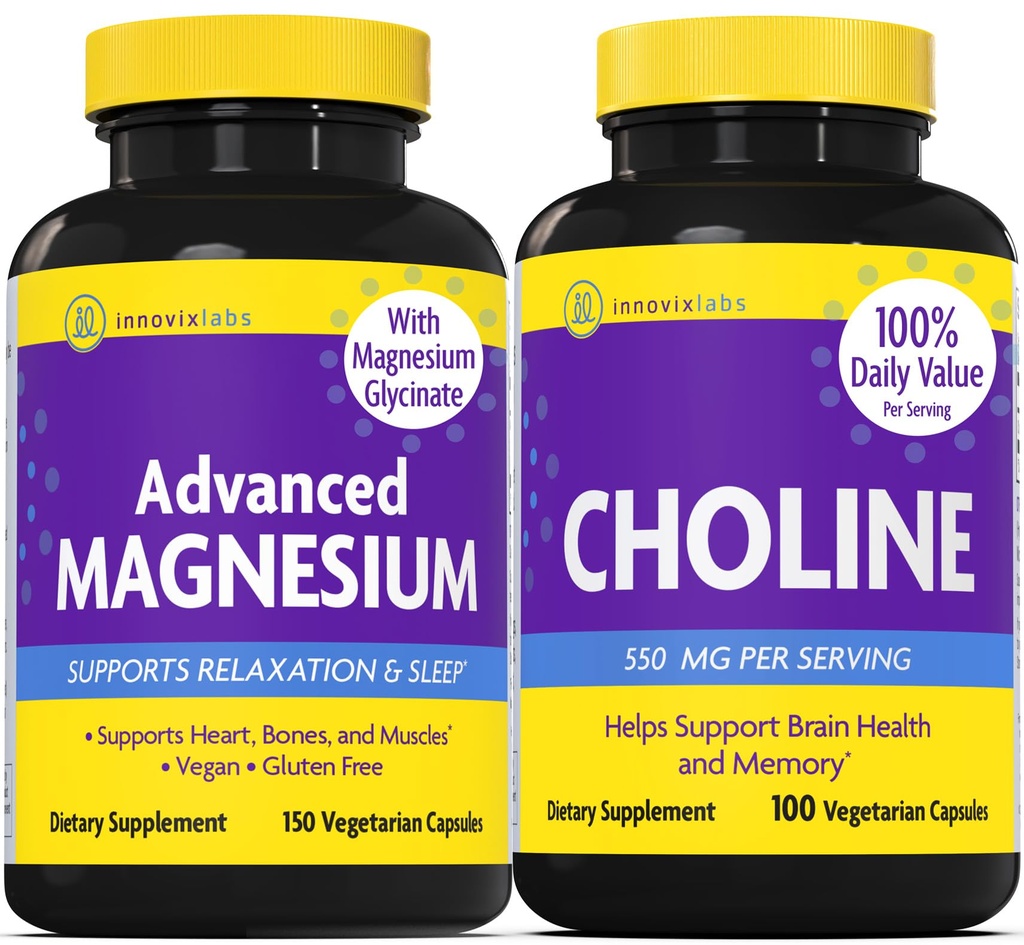 InnovixLabs Choline & Magnesium Bundle Choline Bitartrate 550mg (100 Kapseln) Advanced Magnesium (150 Kapseln). Unterstützt Gedächtnis, Stimmung, Gehirn Gesundheit & Boost kognitiv.*