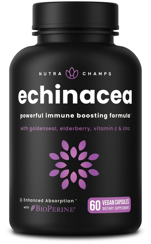 NutraChamps Echinacea Kapseln 1000mg - 8-in-1 Immununterstützungsergänzung - Echinacea Goldenseal, Vitamin C, Zink, Ginger, Elderberry - 60 Kapseln