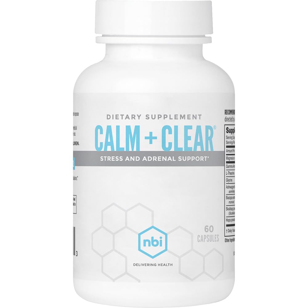 NBI Calm + Klare Stimmung und Fokus Unterstützung | Natürliche Stress und Adrenal Unterstützung mit Magnesium, GABA, Ashwagandha, L-Theanin, Glycine, Bacopa, Skullcap und Hops Powder | 60 Count Capsules
