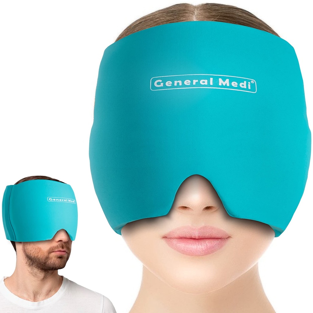 Allgemeine Medi Kopfschmerzen & Migraine Ice Wrap Cap, kalte Therapie Migraine Relief Hat, Kopfschmerzen Ice Hat kalte Kompress, Groß für Puffy Eyes, Spannung, Sinus & Stress Relief (blau)