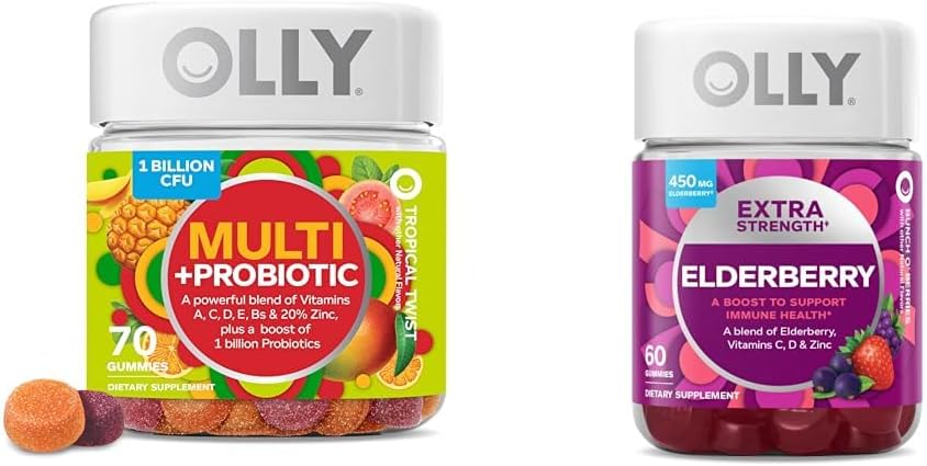 OLLY Adult Multivitamin Gummy mit Probiotika, 1 Billion CFUs, 70 Count und extra Strength Elderberry Gummies, Immununterstützung, 450mg, 60 Count