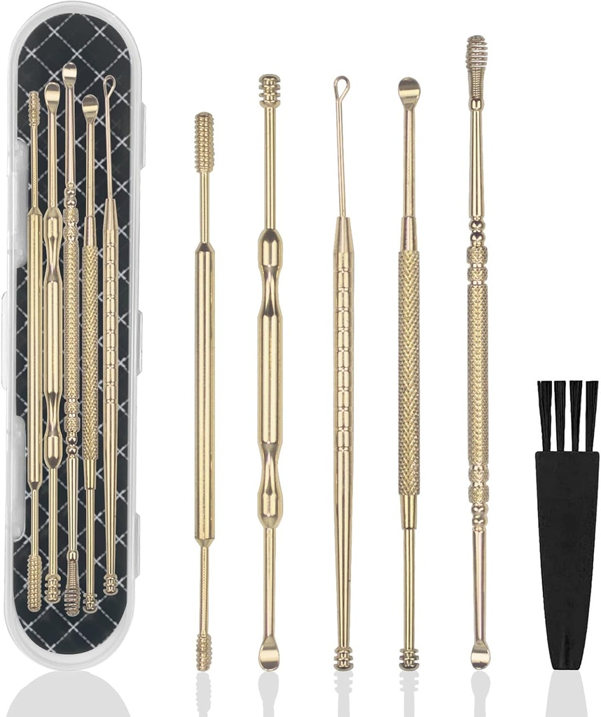 Hion 6 Stücke erweiterte Ohr Wax Removal Kit,Professional Double-Headed Ear Pick Earwax Removal Tools,316L Edelstahl Ear Cleaner Curette mit Reinigungsbürste und Storage Box,Suit für Kid Adult(Gold)