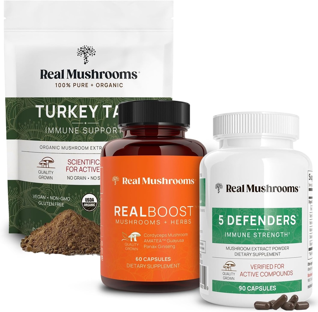 Real Mushrooms RealBoost (60ct), 5 Defenders (90ct) & Turkey Tail Mushroom Powder & Capsules Bundle - Pilzergänzung für Energie, Vitalität & Immunstärke - Vegan, Non-GMO