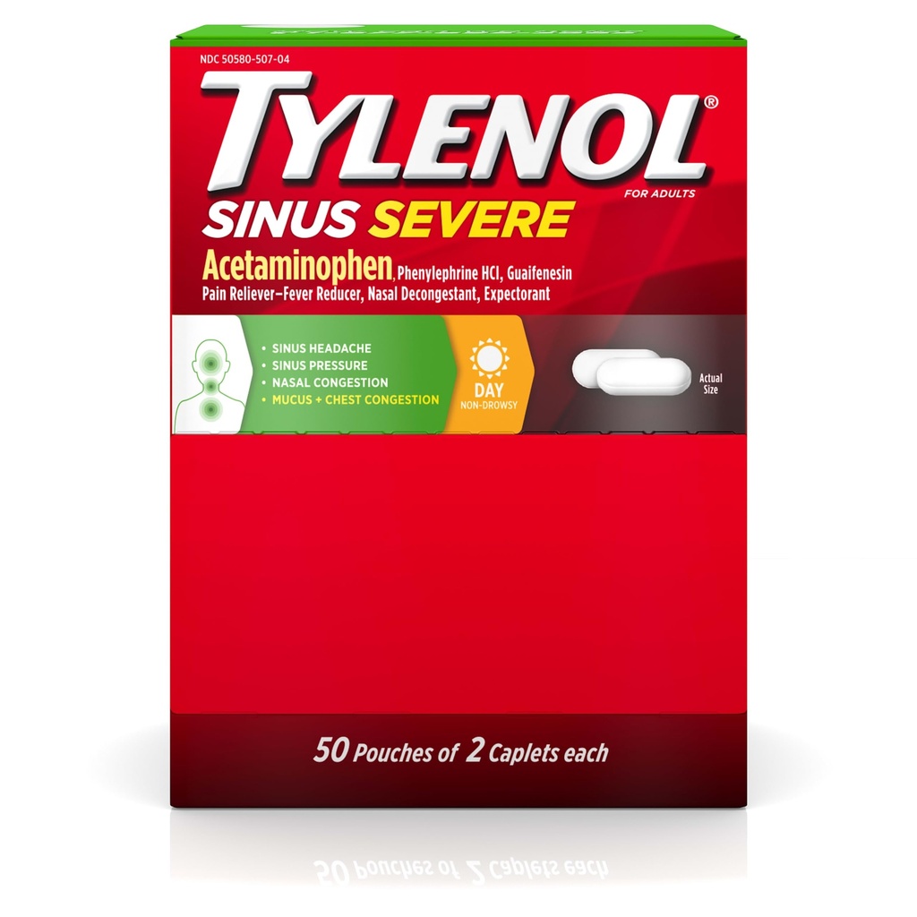 Tylenol Sinus Severe Daytime Caplets mit Acetaminophen 325mg, Guaifenesin 200mg & Phenylephrine HCl 5mg, Nicht-Drowsy Pain Reliever, Expectorant & Nasal Decongestant, 50 Travel Packs von 2 ct