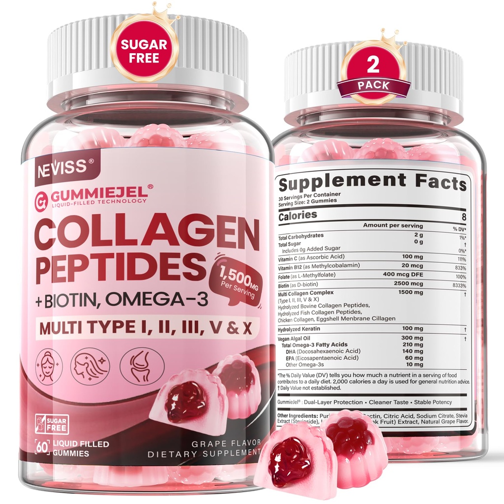 Hydrolysierte Collagen Peptide, Marine Gummie für Frauen Männer, Multi Collagen Typ I II III V & X für Haarwachstum, Gesunde Hautnägel - Collagen Gummy w/Hair Vitamine Biotin Keratin & Vitamin D3, 120Cts
