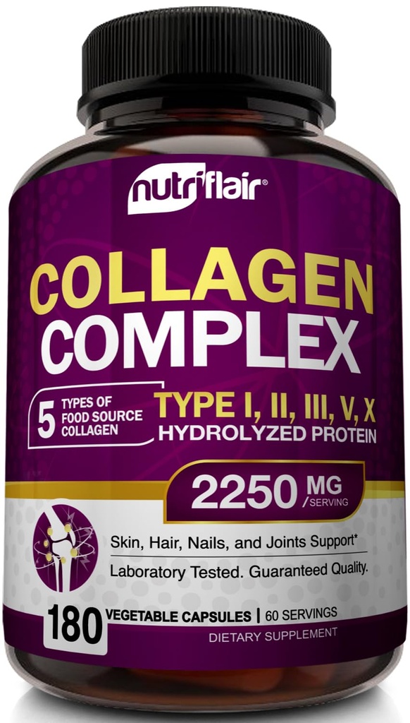 NutriFlair Multi Collagen Peptides 2250mg - Typ I, II, III, V, X - Collagen ergänzt komplexe Pulver Pillen für Frauen und Männer - hydrolysiertes Protein, Gesundes Haar, Haut, Nägel - Non-GMO (180 Kapseln)