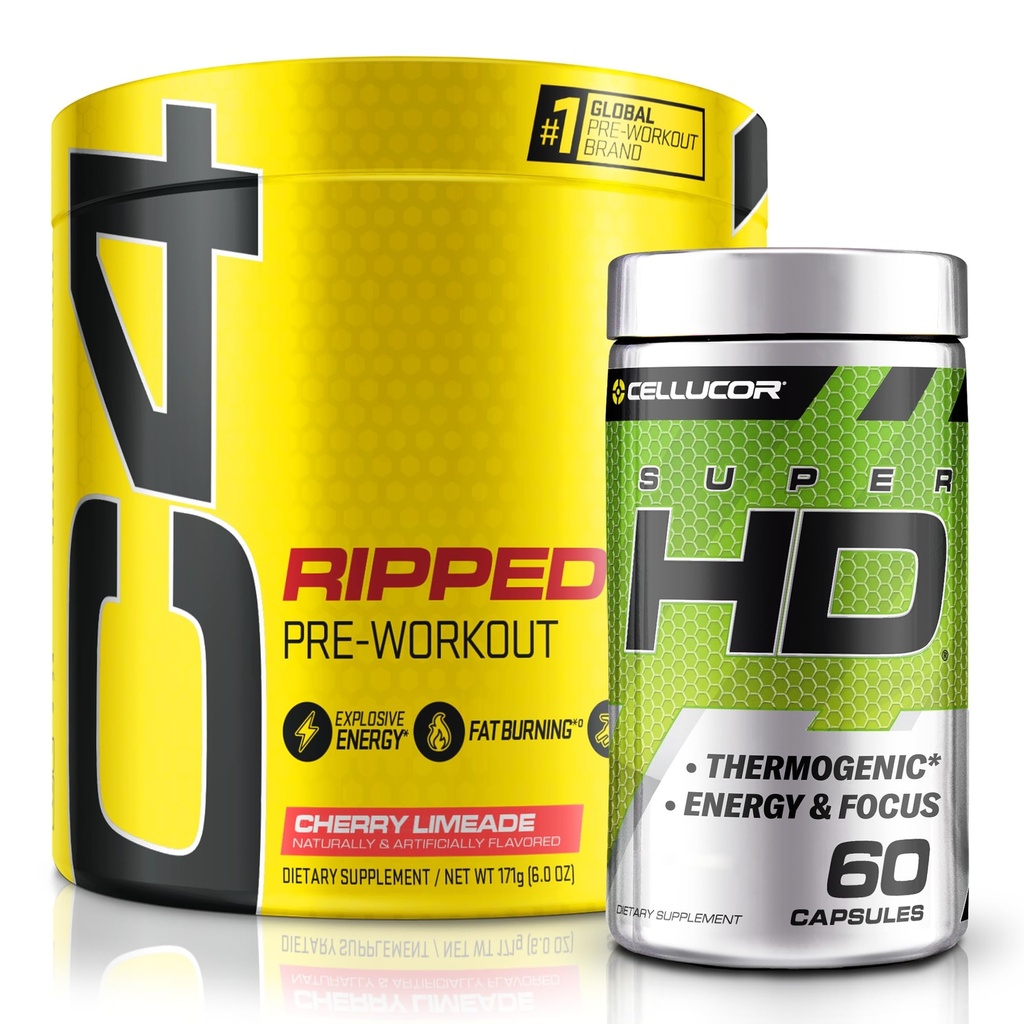 C4 Ripped & SuperHD, The Thermogenic Bundle, C4 Ripped Pre Workout Powder, Cherry Limeade 30 Servierungen + SuperHD mit Capsimax und Green Tea Extract, 60 Servierungen