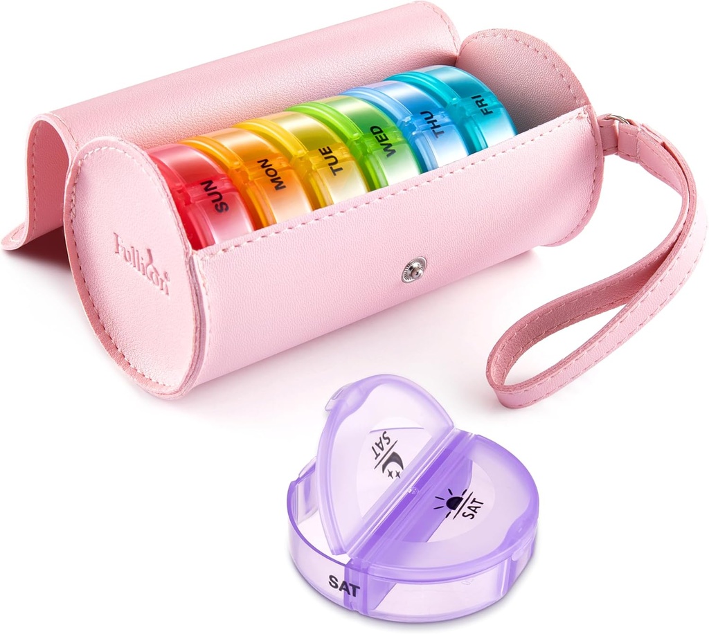 Fullicon PU-Gehäuse Wöchentliche Pille Box Organiser 2 Mal am Tag, Reisen 7 Tage Pillen Boxen, Tragbare Tablet-Organisator für Medizin, Medikamente, Vitamin, Fischöl Ergänzungen (Pink/Rainbow)