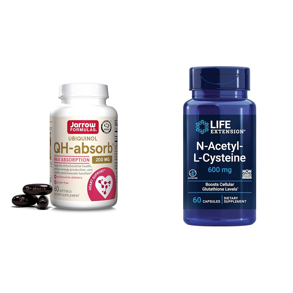 Jarrow Formulas QH-Absorb 200 mg - High Absorption Co-Q10 - Aktive Antioxidante Form der Co-Q10 & Life Extension N-Acetyl-L-Cystein (NAC), Immune, Respiratory, Liver Health, NAC 600 mg
